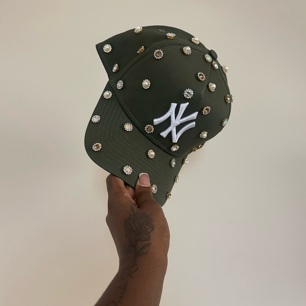 Olive Green, with Neutral Rhinestones. New York Yankees Bling Hat